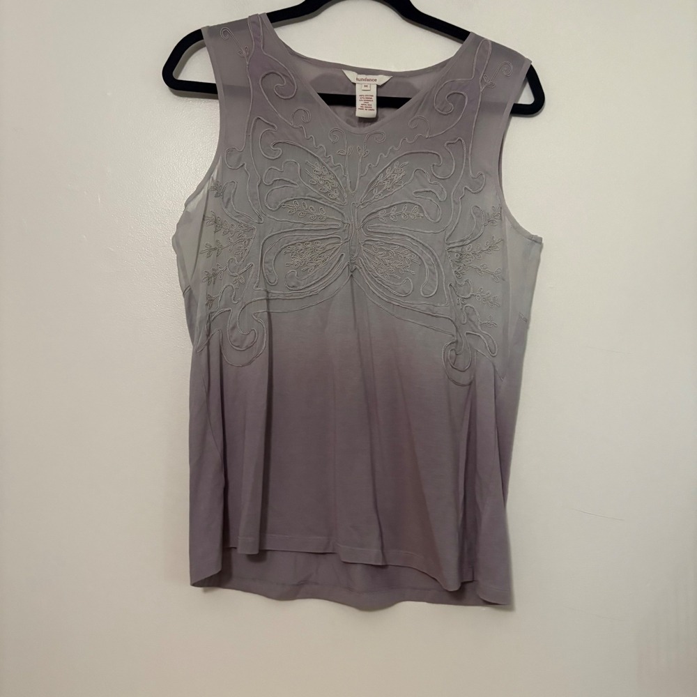 Sundance Gray Embroidered‎ Sleeveless Top M Butterfly Detail Silk Trim Boho